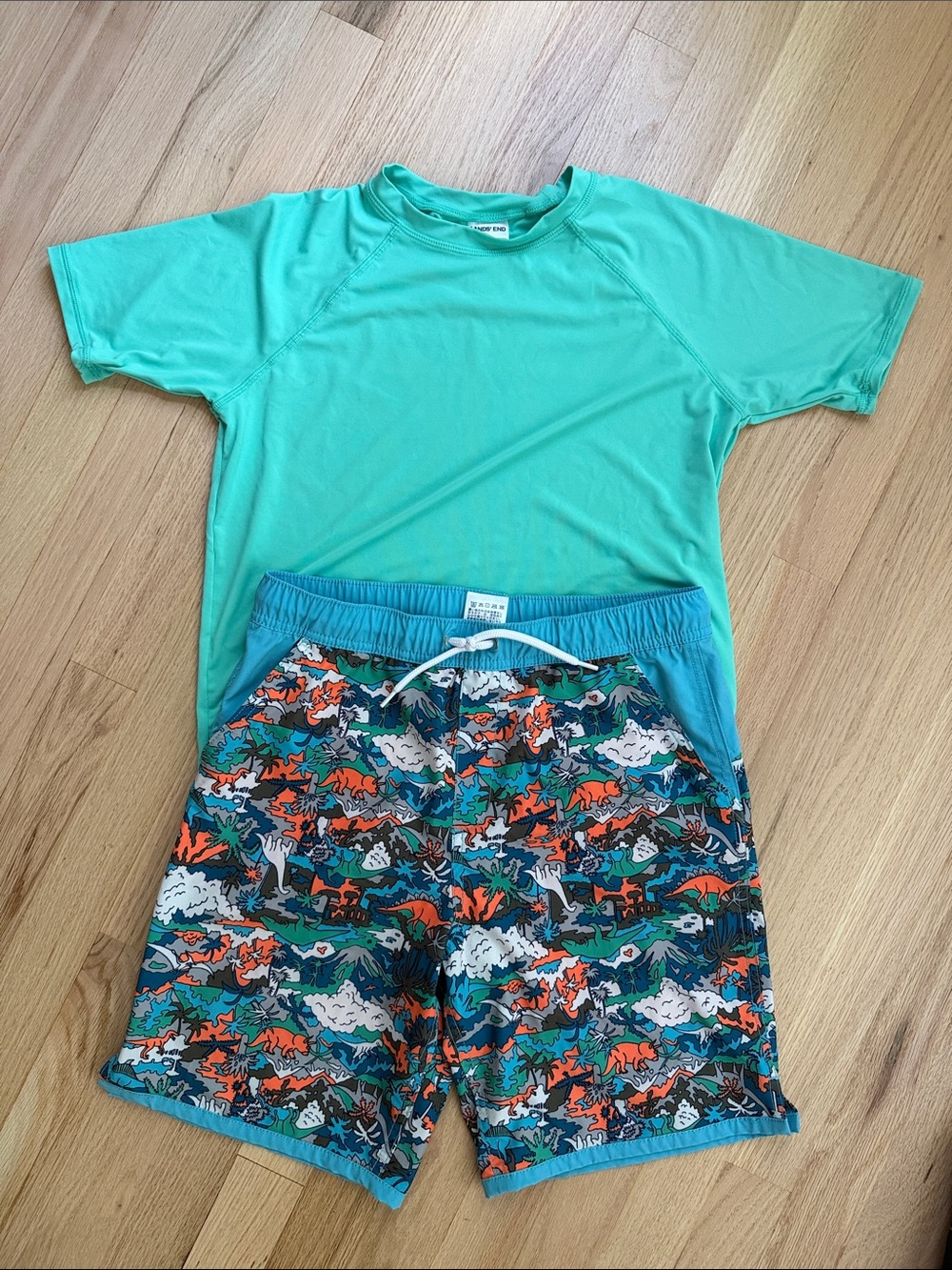 Boy’s Lands' End Mint Green Rash Guard with Blue Waist Dino Swim Trunks